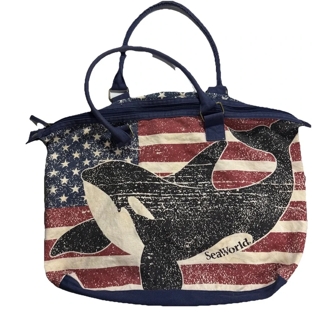 SeaWorld Shamu Stars Stripes Canvas Duffle Bag Travel Tote American Flag Whale